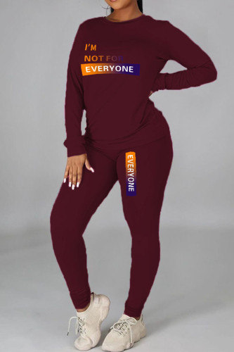 Burgundy Casual Street Print Patchwork O Neck Long Sleeve Two Pieces