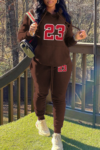 Brown Casual Letter Print Long Sleeve Hooded Collar Sweatshirt And Drawstring Pants Sportwear Plus Size Two Piece Jogger Set