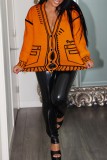 Vêtement d'extérieur orange à col en V et patchwork décontracté