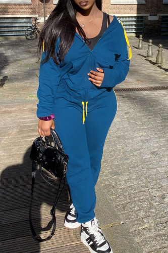 Blue Casual Solid Patchwork Zipper Hooded Collar Long Sleeve Two Pieces