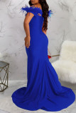 Colorido azul sexy sólido patchwork plumas cuello en V vestido de noche Vestidos