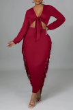 Red Sexy Solid Tassel V Neck Long Sleeve Two Pieces