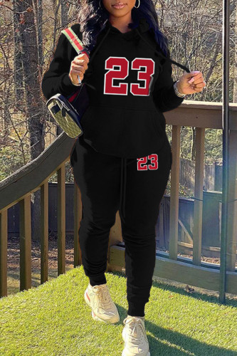 Black Casual Letter Print Long Sleeve Hooded Collar Sweatshirt And Drawstring Pants Sportwear Plus Size Two Piece Jogger Set