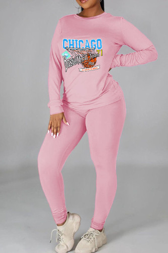 Pink Casual Graphics Print O Neck Long Sleeve Sweatshirt And Skinny Pants Sportwear Two Piece Jogger Set