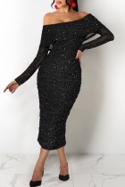 Zwarte sexy effen patchwork backless off-shoulder jurken met lange mouwen