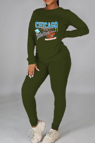 Army Green Casual Graphics Print O Neck Long Sleeve Sweatshirt And Skinny Pants Sportwear Two Piece Jogger Set