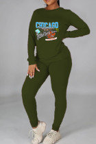 Army Green Casual Street Print Patchwork O Neck Long Sleeve Two Pieces