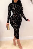 Negro sexy estampado patchwork medio cuello alto manga larga vestidos de talla grande