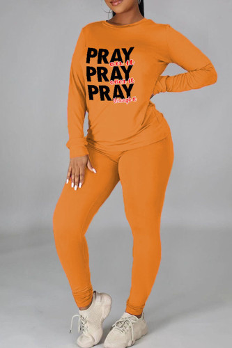 Orange Casual Print Patchwork O Neck Long Sleeve Two Pieces