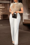 White Sexy Elegant Solid Patchwork See-through Beading O Neck Regular Jumpsuits