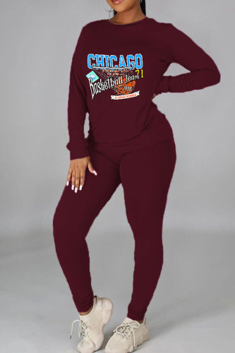 Burgundy Casual Graphics Print O Neck Long Sleeve Sweatshirt And Skinny Pants Sportwear Two Piece Jogger Set