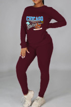 Burgundy Casual Street Print Patchwork O Neck Long Sleeve Two Pieces