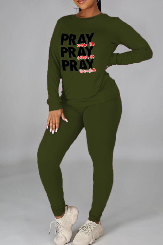 Army Green Casual Print Patchwork O Neck Long Sleeve Two Pieces