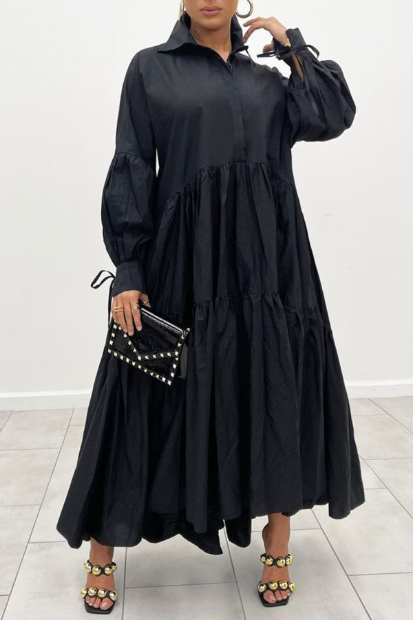 Черное повседневное однотонное платье-рубашка в стиле пэчворк с отложным воротником и пряжкой (без пояса)
