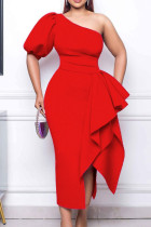 Rotes, elegantes, solides Patchwork-Volant, asymmetrisch, schräger Kragen, Abendkleid, Kleider