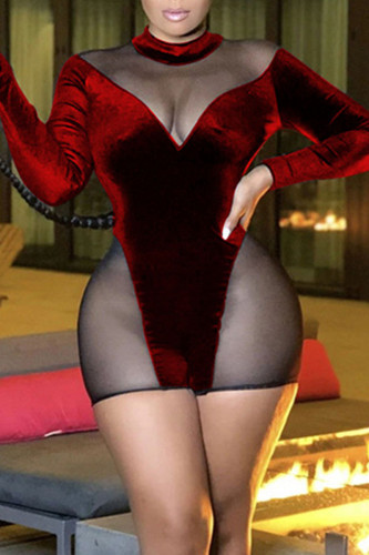 Red Sexy Solid Patchwork See-through O Neck Regular Rompers
