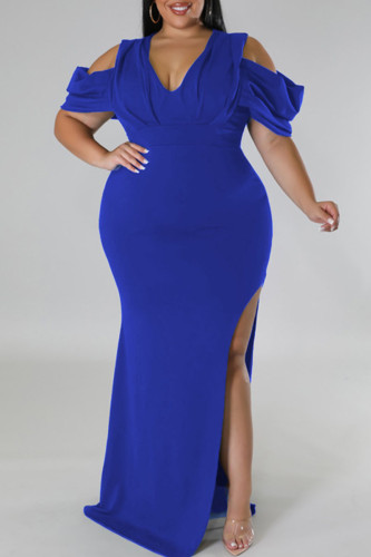Blue Sexy Solid Patchwork Slit Fold V Neck Straight Plus Size Dresses