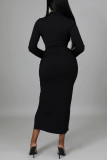 Vestidos de falda de lápiz con cuello en V y abertura de patchwork sólido casual negro