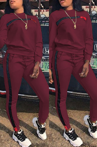 Burgundy Casual Stripe Print O Neck Long Sleeve Sweatshirt And Pants Sportwear Two Piece Jogger Set