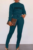 Green Casual Print Letter O Neck Long Sleeve Two Pieces