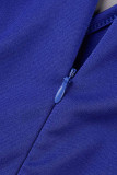 Blaue sexy feste Patchwork-Schlitzfalte mit V-Ausschnitt, gerade Kleider in Übergröße