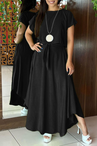 Black Casual Solid Patchwork O Neck Short Sleeve Two Pieces