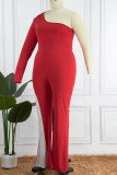 Brick Red Sexy Solid Patchwork Hot Drill Oblique Collar Plus Size Jumpsuits