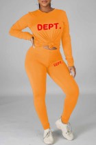 Orange Casual Print Letter O Neck Long Sleeve Two Pieces