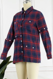 White and blue Casual Blends Plaid Patchwork Print Patchwork Buckle Buttons Turndown Collar Tops