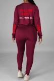 Burgundy Casual Print Letter O Neck Long Sleeve Two Pieces