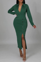 Vestidos de falda de lápiz con cuello en V con abertura de patchwork sólido casual verde