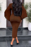 Robes de jupe en une étape marron sexy en patchwork solide à col en V