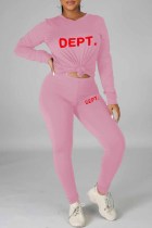 Pink Casual Print Letter O Neck Long Sleeve Two Pieces