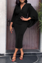 Vestidos de falda de un paso con cuello en V de patchwork sólido sexy negro