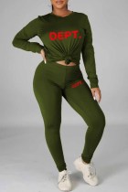 Army Green Casual Print Letter O Neck Long Sleeve Two Pieces