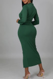 グリーン カジュアル ソリッド パッチワーク スリット Vネック ペンシルスカート ドレス