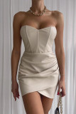 クリーム ホワイト セクシー ソリッド パッチワーク 非対称 ストラップレス ペンシル スカート ドレス