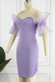 肩のペンシルスカートドレスから紫のセクシーなソリッドメッシュ