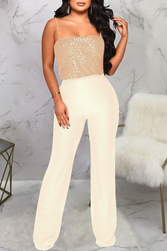 Champagne Sexy Solid Sequins Patchwork Spaghetti Strap Straight Jumpsuits
