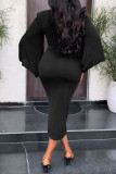 Vestidos de falda de un paso con cuello en V de patchwork sólido sexy negro