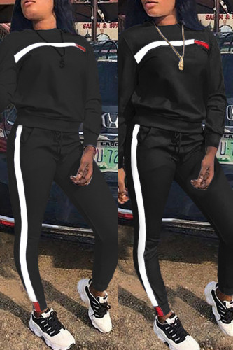 Black Casual Stripe Print O Neck Long Sleeve Sweatshirt And Pants Sportwear Two Piece Jogger Set
