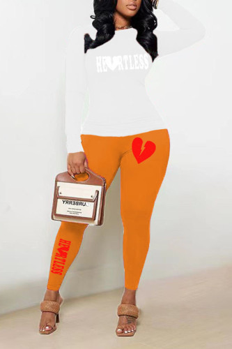 Orange Casual Print Patchwork O Neck Long Sleeve Two Pieces