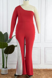 Brick Red Sexy Solid Patchwork Hot Drill Oblique Collar Plus Size Jumpsuits