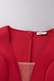 Rote, lässige, solide Patchwork-Kleider mit V-Ausschnitt und A-Linie