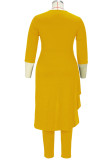 Yellow Casual Solid Patchwork Asymmetrical O Neck Plus Size Two Pieces