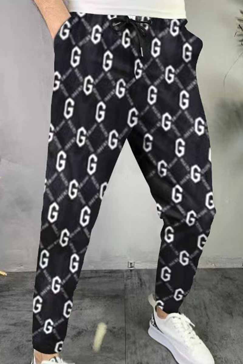 

Black Casual Print Letter Straight Mid Waist Pants
