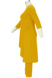 Yellow Casual Solid Patchwork Asymmetrical O Neck Plus Size Two Pieces