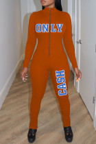 Orange Casual Print Patchwork Zipper Kragen Skinny Jumpsuits