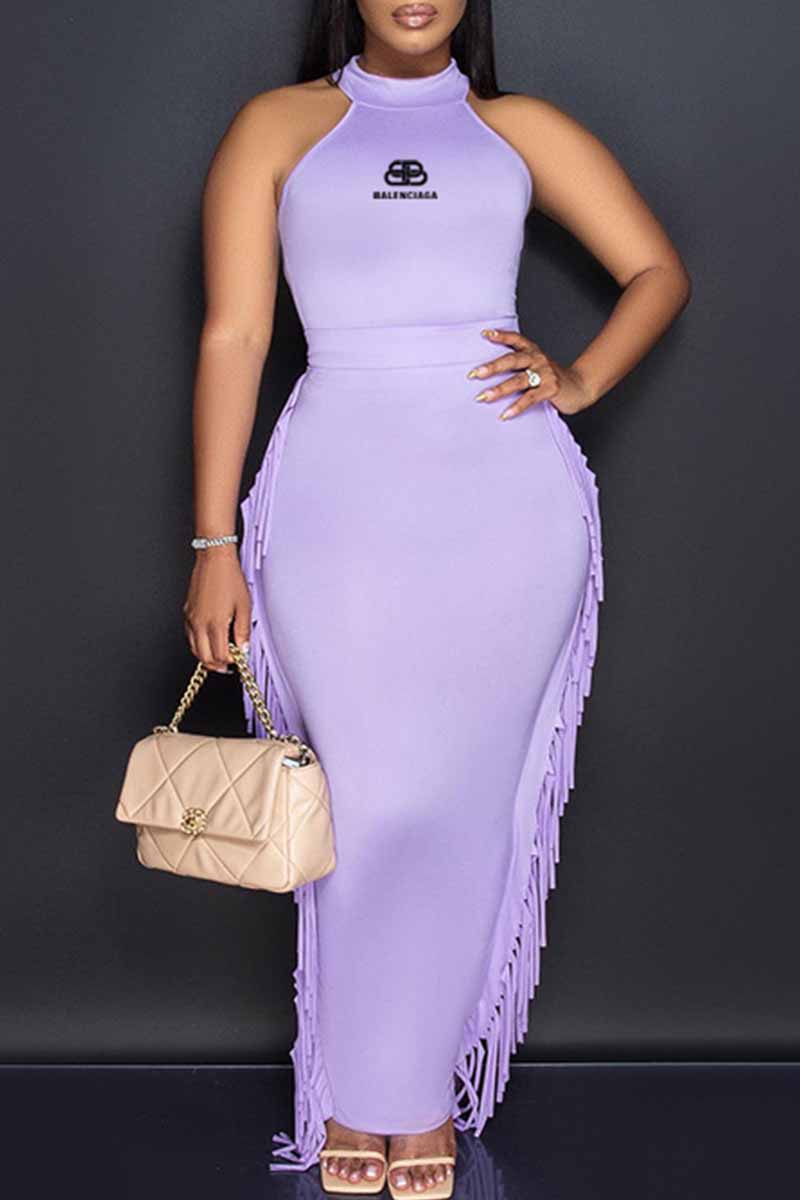 

Purple Elegant Print Letter Halter Sleeveless Two Pieces