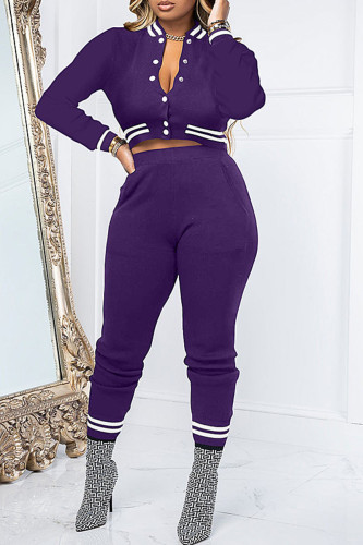 Purple Casual Solid Patchwork Buckle Long Sleeve Two Pieces